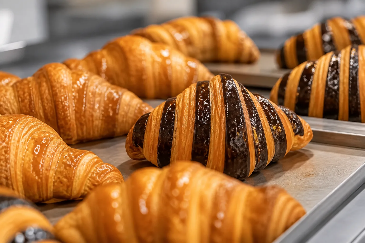 Croissant classici e al cioccolato appena sfornati