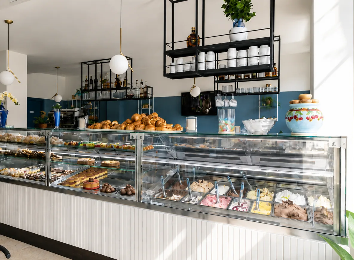 L'interno di Chantignè: il banco della pasticceria e la vetrina del gelato