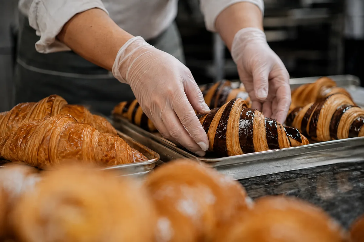 Mani in laboratorio che sistemano i croissant glassati sulla teglia